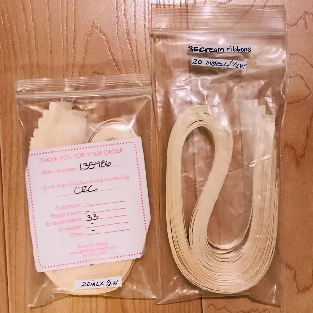 68 pieces of cream colored precut ribbon